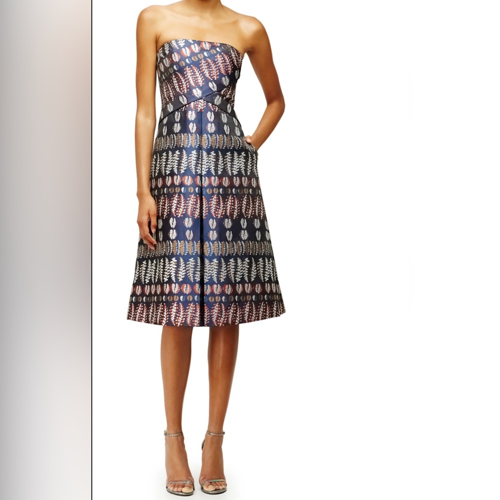 Tory Burch Strapless Navy Blue Ferns Metallic Jacquard Dress Size 10